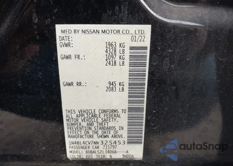 2022 Nissan Altima Sr Fwd из США, поврежденный, VIN 1N4BL4CV7NN325453